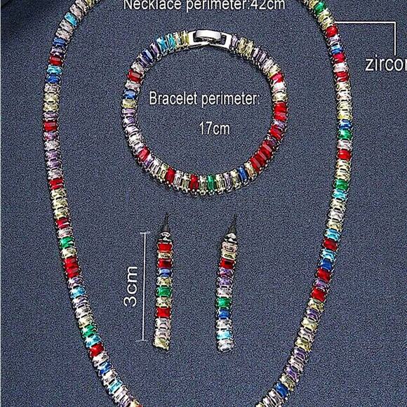 Gold Baguette Multicolor Rhinestone Choker Earrings Bracelet Matching Set 18k - Picture 5 of 12